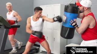 Fiery jocks release energy with beefy coaches fisting