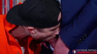 Mature lawyer roughly fist fucks teenage jock prisoner